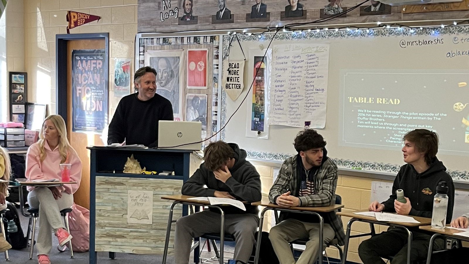 Film as Lit students participate in a table read with Hollywood screenwriter Tim Hayes.